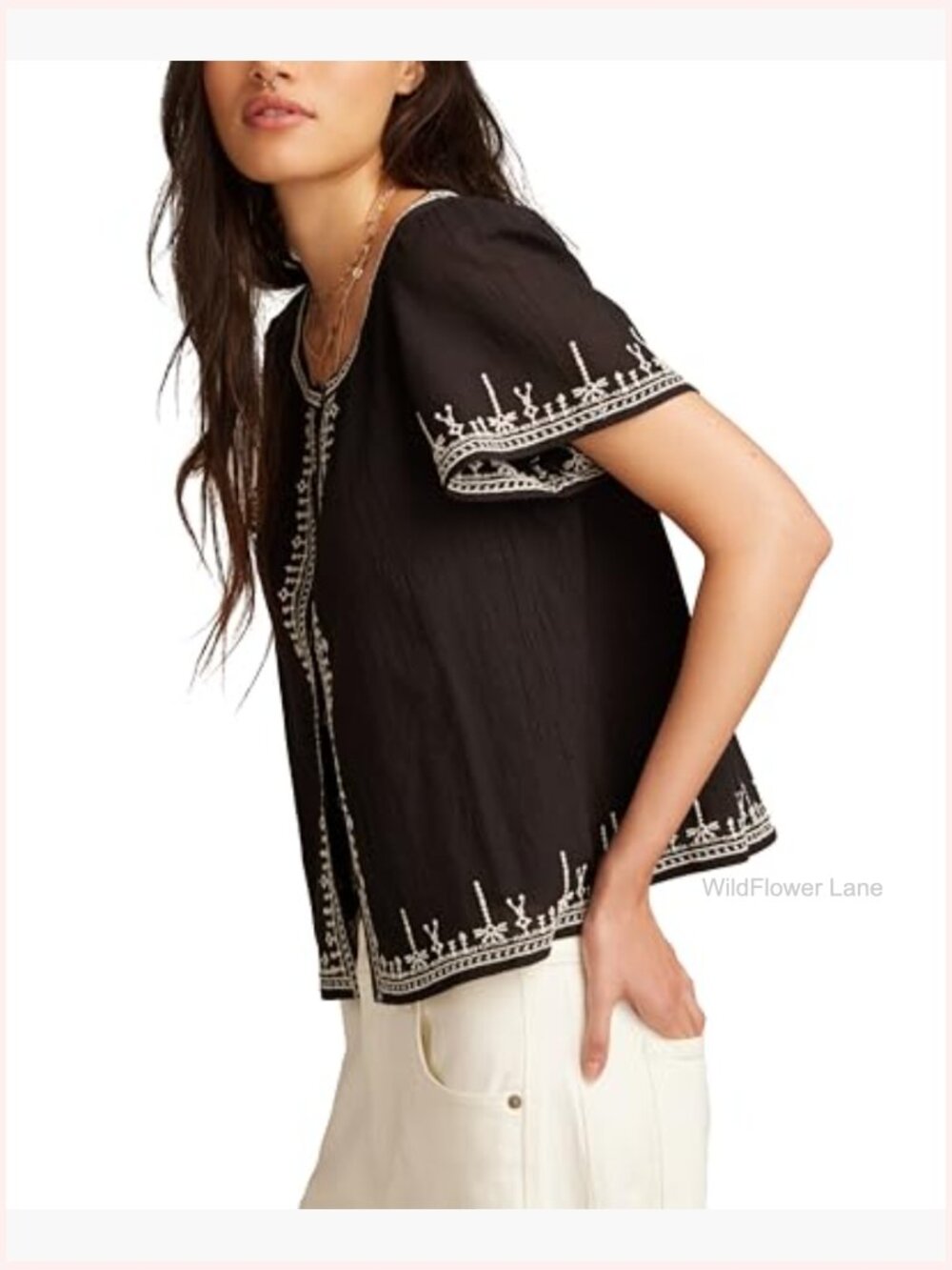 Embroidered Button Front Blouse, Cap Sleeve Blouse, Regular Fit, Machine - Picture 4 of 4